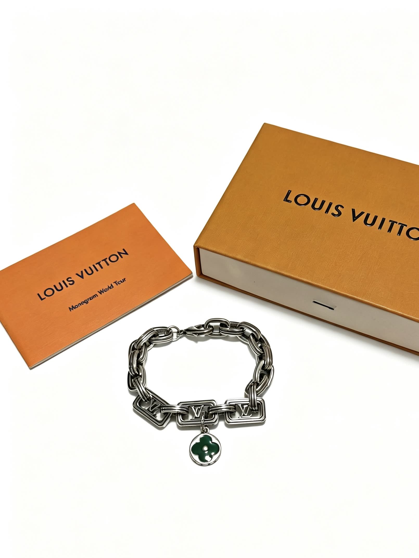 Louis Vuitton Silver Bracelet with Green Clover Charm
